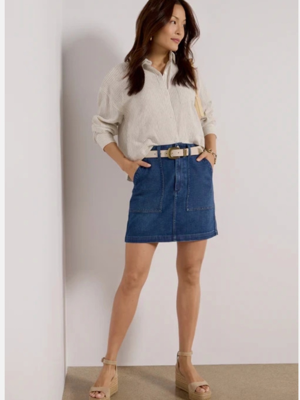 Faherty Utility Denim Linen Blend Mini Skirt in Slate Cove Size 16 NWT